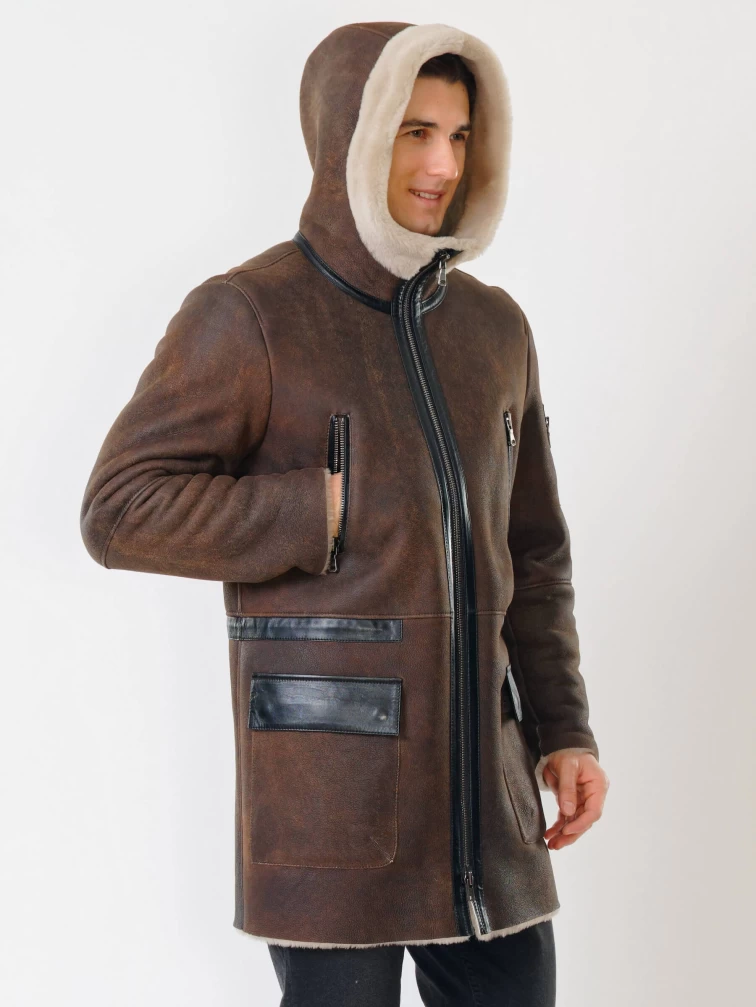 Длинная мужская дубленка с капюшоном премиум класса 429, коричневая, размер 48, артикул 70560-6