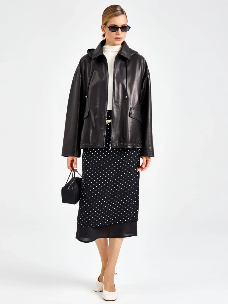 Черная женская кожаная куртка с капюшоном премиум класса 3102, размер 48, артикул 92210-1