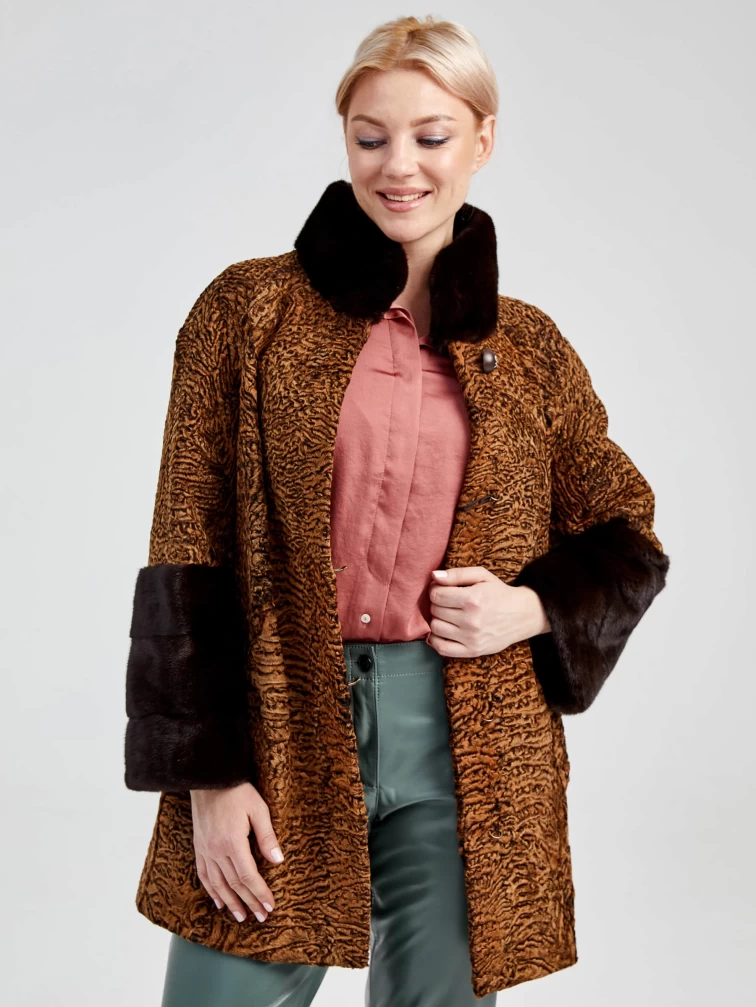 Короткая женская шуба из меха каракуля с отделкой норкой 17101к(сн), намибия, размер 44, артикул 22810-0