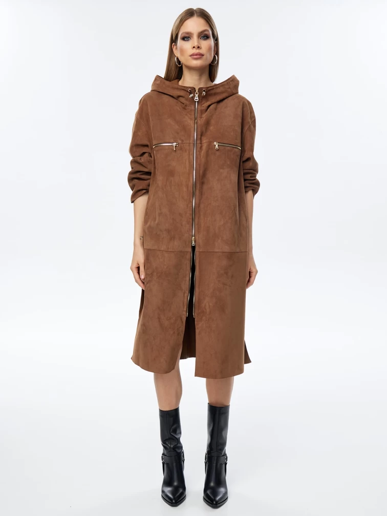 Длинный замшевый женский плащ оверсайз с капюшоном на молнии премиум класса 3058з, светло-коричневый, размер 52, артикул 23560-0
