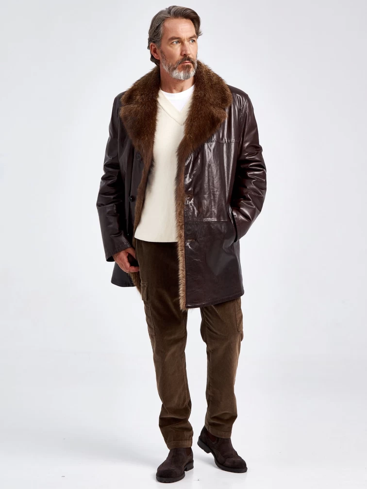 Кожаное мужское зимнее полупальто с воротником меха соболя премиум класса 5140, коричневое, размер 56, артикул 40580-5