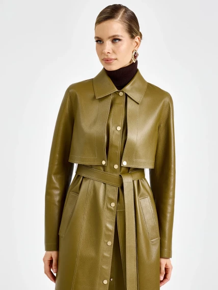 Зеленый женский длинный кожаный плащ премиум класса 3103, размер 44, артикул 92130-7