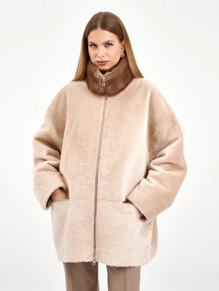 Белая дубленка из астрагана с норкой 59мех, размер 50, артикул 65130-5