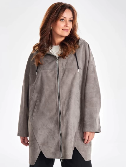Женское замшевое полупальто оверсайз с капюшоном премиум класса 3059з, серое, размер 52, артикул 64050-3
