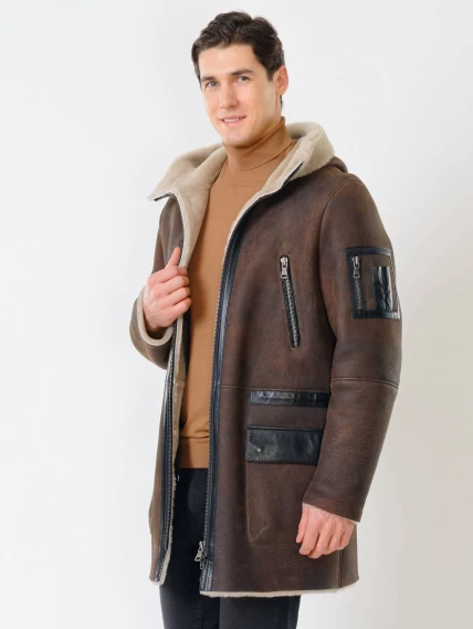 Длинная мужская дубленка с капюшоном премиум класса 429, коричневая, размер 48, артикул 70560-2