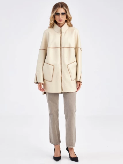 Женская дубленка оверсайз на молнии премиум класса 2036, бежевая, размер 48, артикул 62900-4