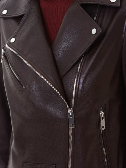 Кожаная женская куртка косуха с поясом премиум класса 3078, коричневая, размер 42, артикул 24580-2