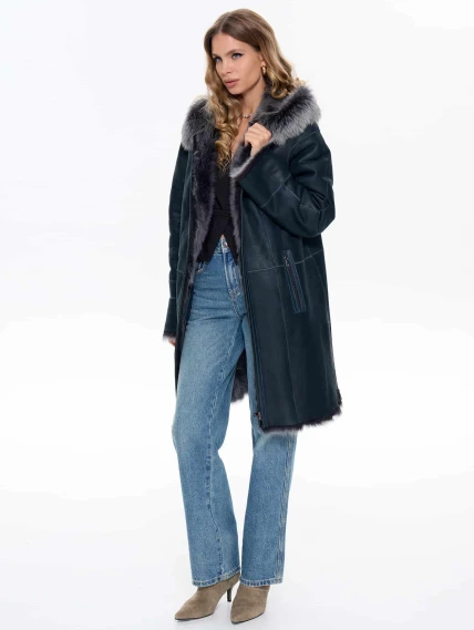 Женская дубленка с капюшоном из тосканы 2067, синяя, размер 46, артикул 64740-1