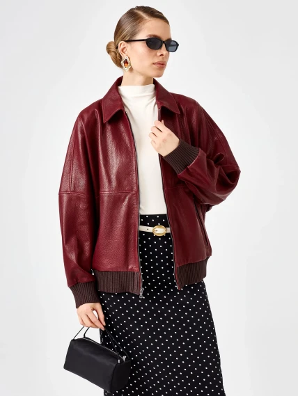 Женская бордовая кожаная куртка бомбер премиум класса 3106, размер 44, артикул 92170-7