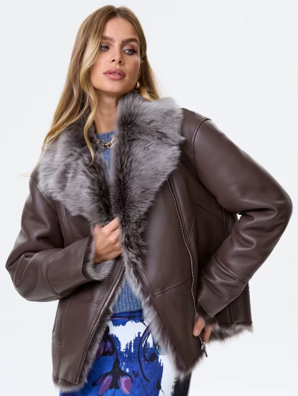 Короткое женское полупальто из натуральной овчины тоскана премиум класса 2049, коричневое, размер 44, артикул 64420-0