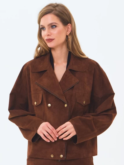 Короткая женская замшевая куртка косуха премиум класса 3085з, коньячная, размер 46, артикул 24620-3