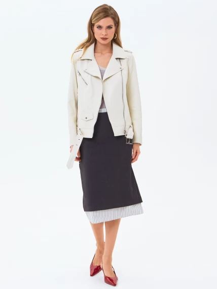 Кожаная женская куртка косуха с поясом премиум класса 3078, белая, размер 42, артикул 24520-2