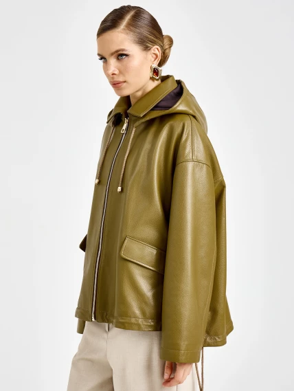 Женская кожаная куртка с капюшоном премиум класса 3102, зеленая, размер 44, артикул 92160-2