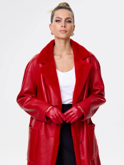 Длинная женская дубленка оверсайз премиум класса 2002, красная, размер 48, артикул 62441-5