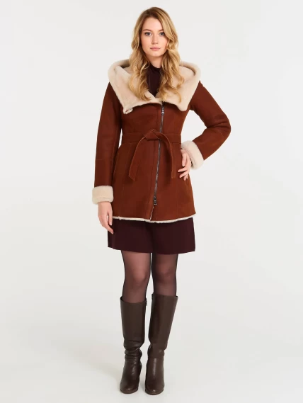 Короткая женская дубленка косуха с капюшоном 200, табачно-рыжая, размер 44, артикул 61250-3
