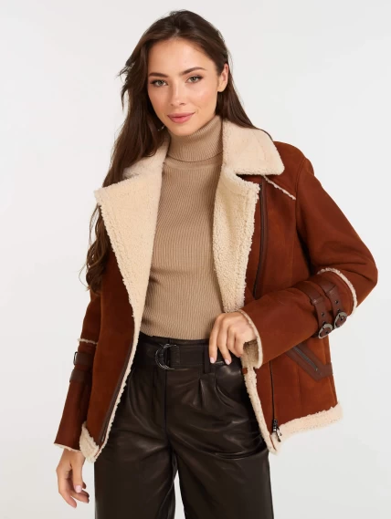 Демисезонный комплект женский: Дубленка 290 + Брюки 05, табачный/черный, р. 44, арт. 111257-1