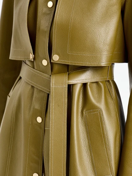 Зеленый женский длинный кожаный плащ премиум класса 3103, размер 44, артикул 92130-3