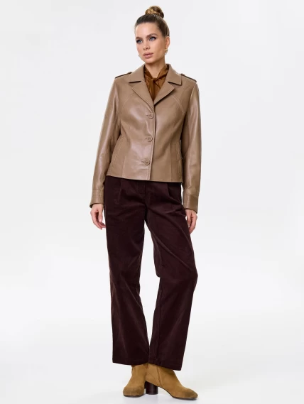 Короткая женская кожаная куртка пиджак 304, серо-коричневая, размер 46, артикул 90701-1