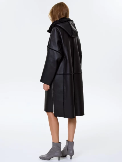 Женское полупальто с капюшоном из натуральной овчины премиум класса 2052, черное, размер 46, артикул 64290-5