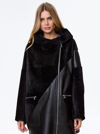 Женская дубленка оверсайз с капюшоном премиум класса 2055, черная, размер 50, артикул 62450-2