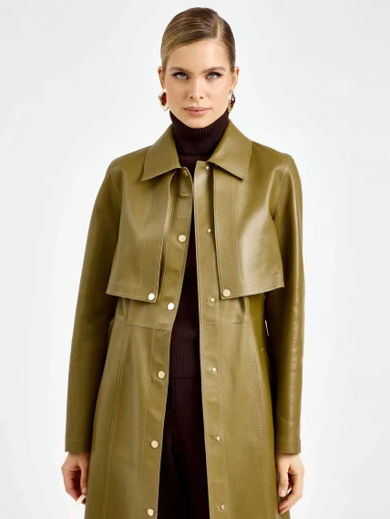 Зеленый женский длинный кожаный плащ премиум класса 3103, размер 44, артикул 92130-2