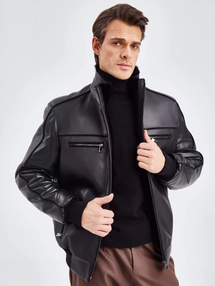 Короткая кожаная мужская дубленка бомбер 515, черная, размер 50, артикул 40261-5