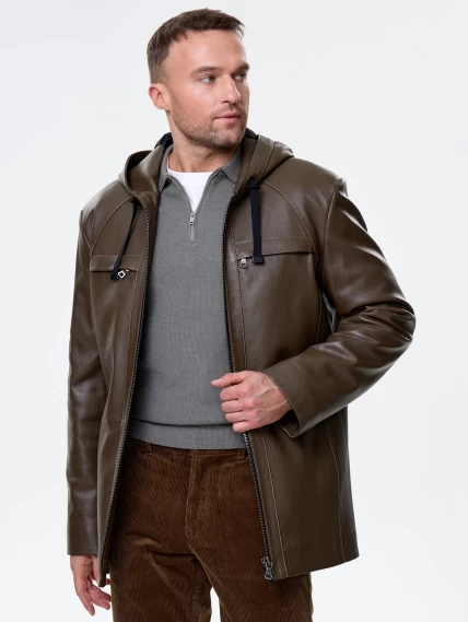 Мужская кожаная куртка с капюшоном премиум класса 552, хаки, размер 52, артикул 41130-6