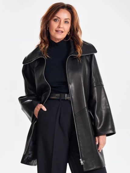 Женское кожаное полупальто оверсайз премиум класса 3057, черное, размер 52, артикул 64020-6