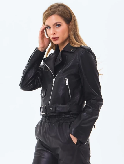 Женская кожаная куртка косуха с поясом премиум класса 3080, черная, размер 42, артикул 24540-0