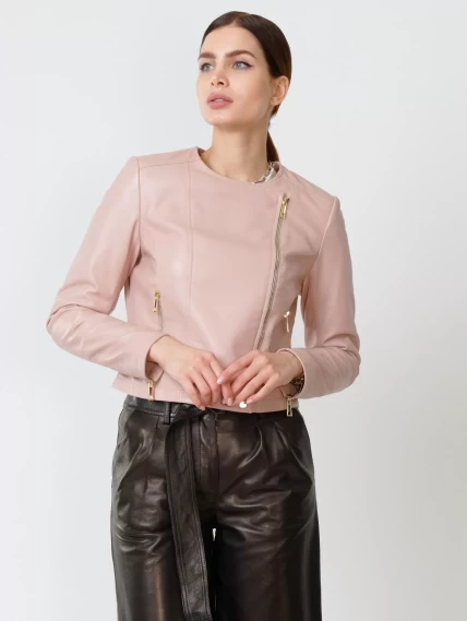 Кожаный комплект женский: Куртка 389 + Брюки 05, пудровый/черный, р. 42, арт. 111115-4