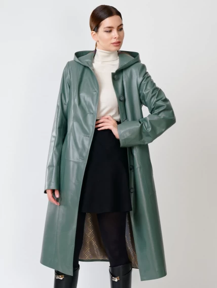 Кожаный женский утепленный плащ с капюшоном 380нш, размер 52, оливковый, артикул 91391-1
