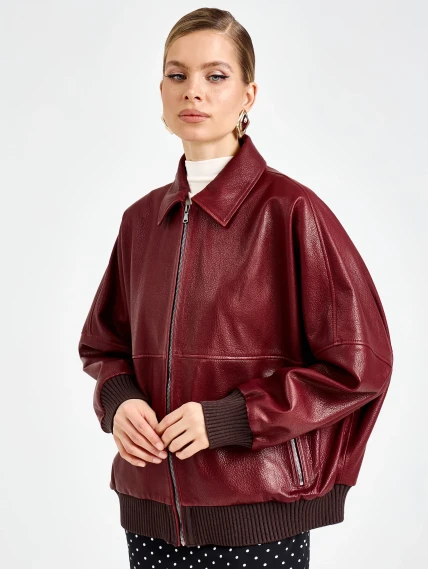Женская бордовая кожаная куртка бомбер премиум класса 3106, размер 44, артикул 92170-3