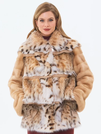 Женская шуба из рысевидной кошки с капюшоном премиум класса Мариана(к), бежевая, размер 46, артикул 34240-7