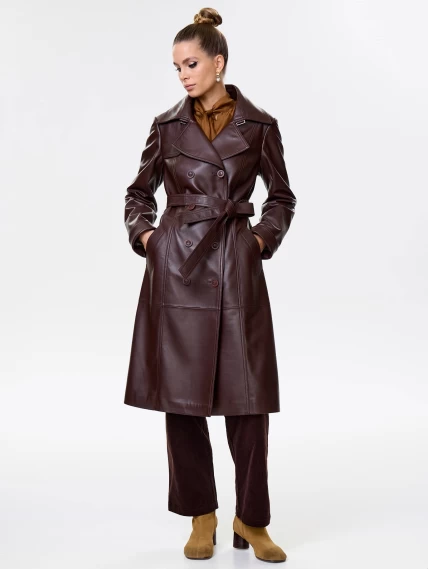Кожаный двубортный женский плащ с поясом 3003, ореховый, размер 48, артикул 15650-6