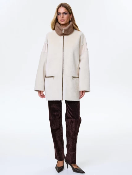 Дубленка на молнии с норковым воротником для женщин премиум класса 2057, белая, размер 44, артикул 64490-6