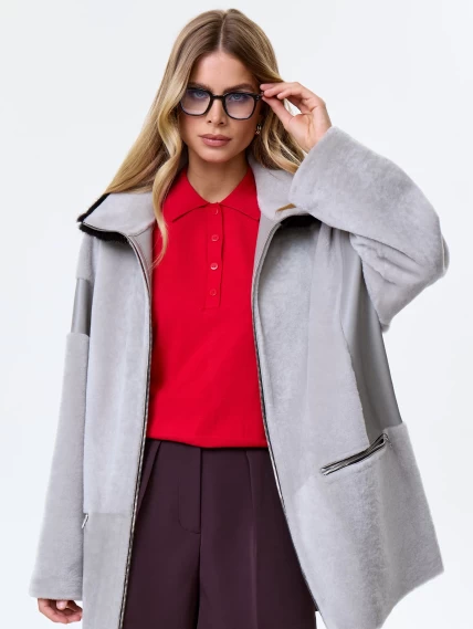 Женское полупальто с норковым воротником из натуральной овчины премиум класса 2057, серое, размер 44, артикул 64500-5