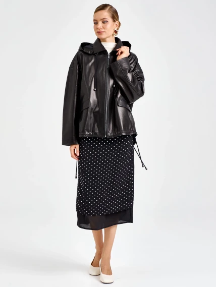 Черная женская кожаная куртка с капюшоном премиум класса 3102, размер 48, артикул 92210-7