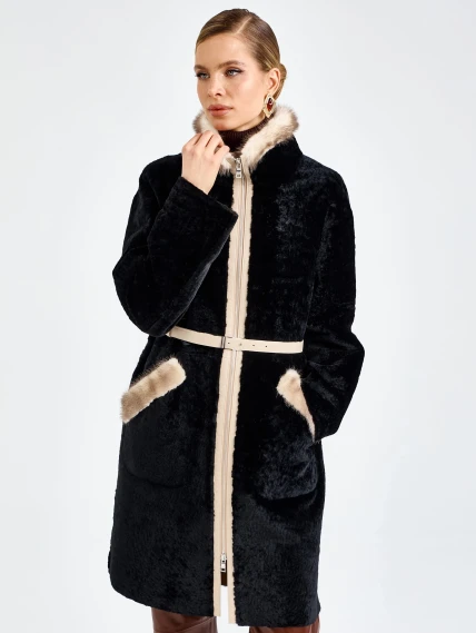 Черная женская дубленка из астрагана с мехом норки премиум класса 2018, размер 44, артикул 65140-3