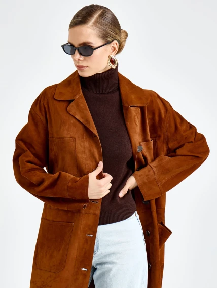 Замшевый женский плащ премиум класса 3113з, виски, размер 48, артикул 92400-2