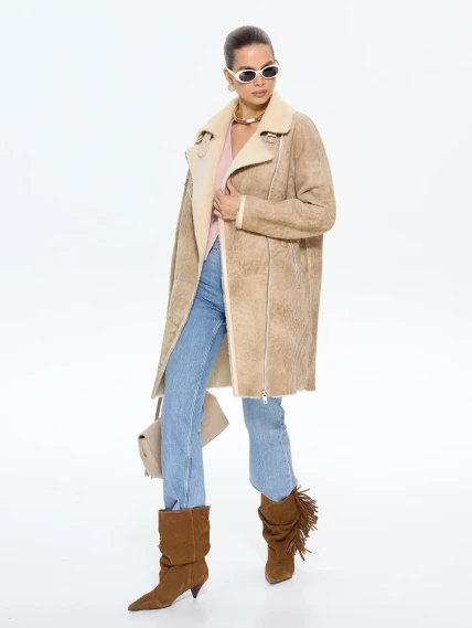 Бежевая женская дубленка косуха 2069, размер 46, артикул 65200-1