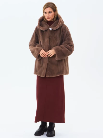Женская норковая шуба с капюшоном премиум класса Жанет(к), бежевая, размер 58, артикул 34220-6