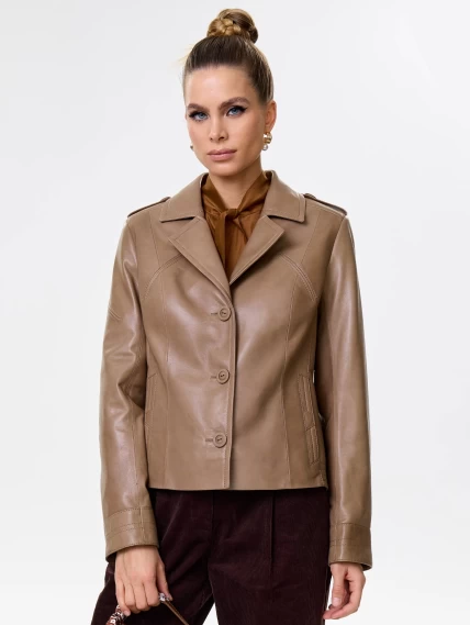Короткая женская кожаная куртка пиджак 304, серо-коричневая, размер 46, артикул 90701-0