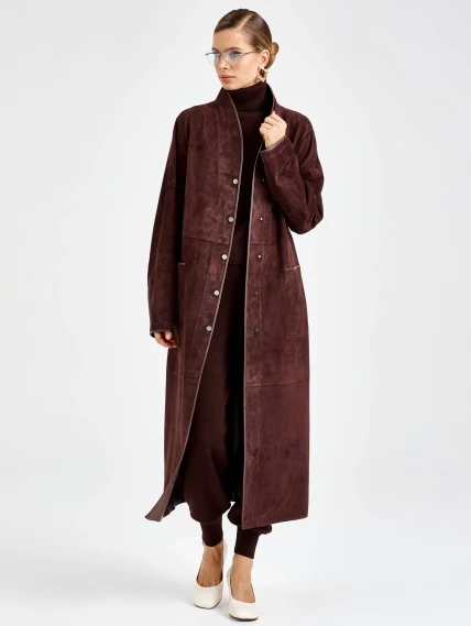 Замшевый женский плащ премиум класса 3104з, коричневый, размер 50, артикул 92310-1