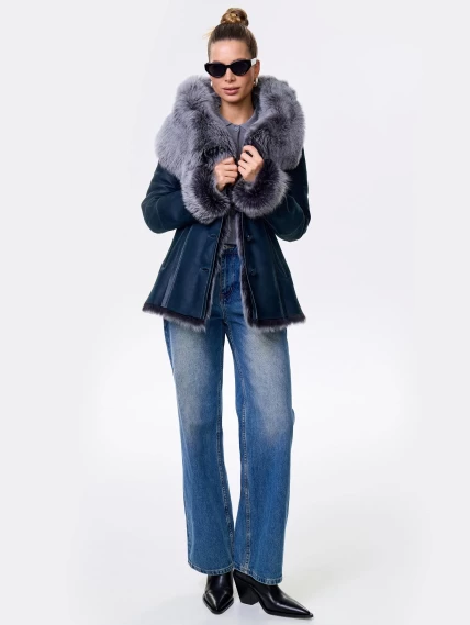 Короткая женская дубленка из тосканы с капюшоном 122, синяя, размер 40, артикул 14871-7