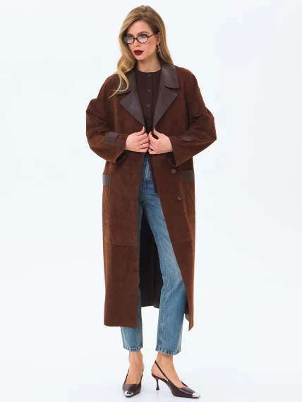 Длинный женский замшевый плащ премиум класса 3083з, коньячный, размер 48, артикул 24550-7