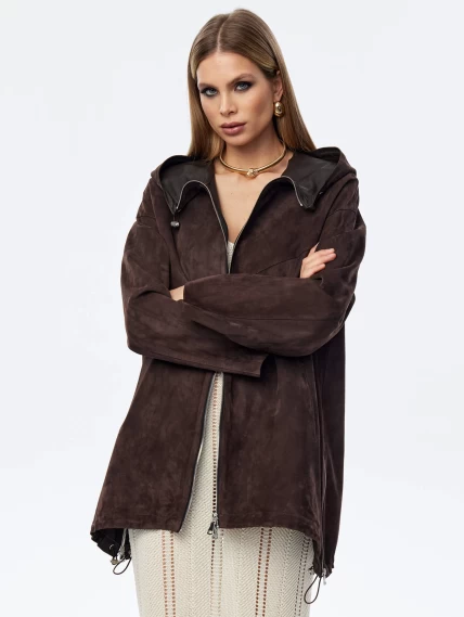 Замшевый плащ оверсайз с капюшоном для женщин премиум класса 3053з, коричневый, размер 48, артикул 23980-6