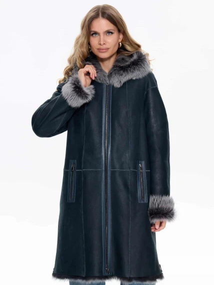 Женская дубленка с капюшоном из тосканы 2067, синяя, размер 46, артикул 64740-7