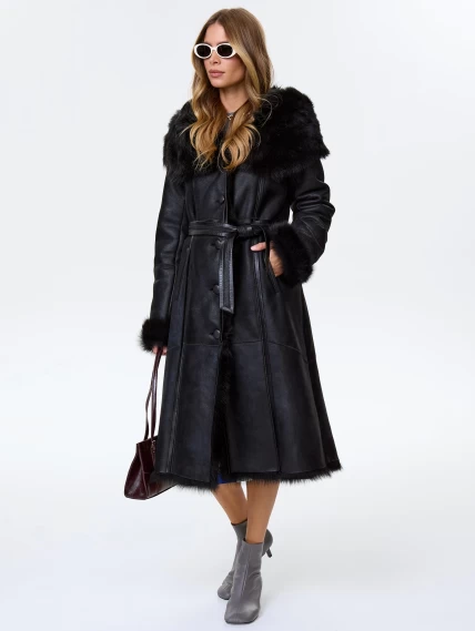 Черная женская дубленка из тосканы с капюшоном 132, размер 48, артикул 64590-1