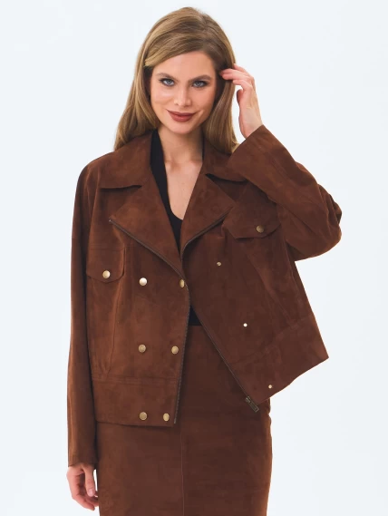 Короткая женская замшевая куртка косуха премиум класса 3085з, коньячная, размер 46, артикул 24620-0