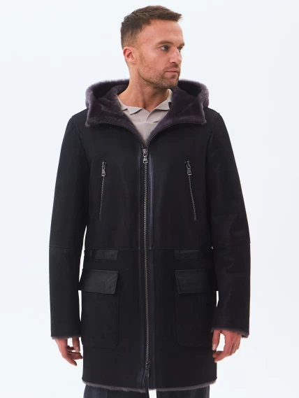 Длинная мужская дубленка с капюшоном премиум класса 429, черная, размер 52, артикул 71460-0